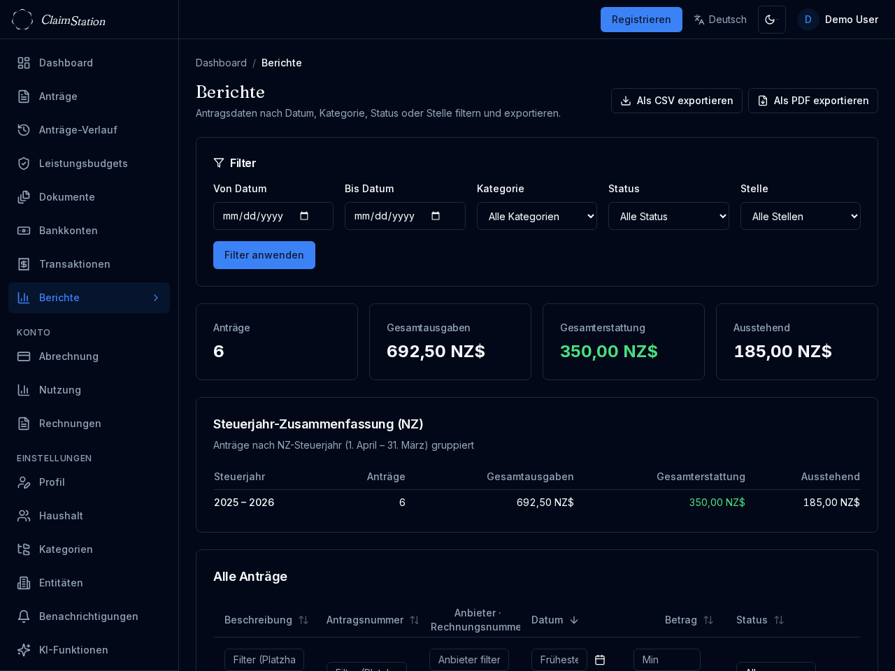 ClaimStation Berichtsansicht